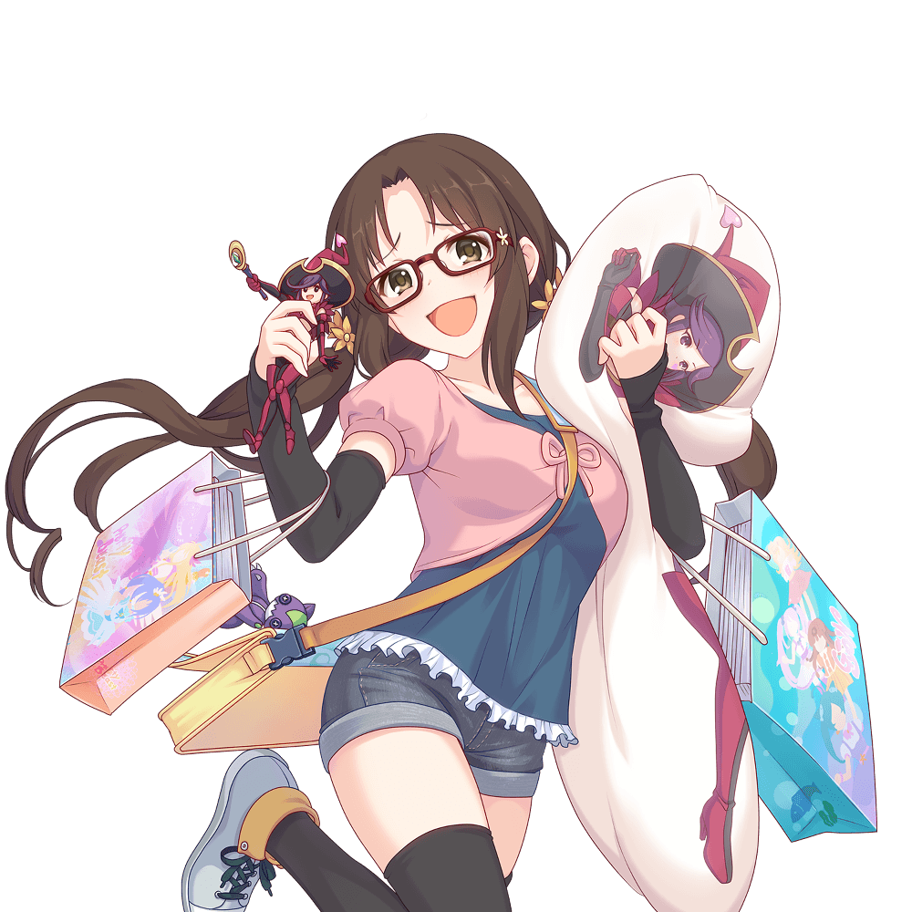 1girl, bag, body_pillow, brown_eyes, brown_hair, figure, glasses, holding, holding_bag, long_hair, nanaka_(princess_connect!), official_art, pillow, princess_connect!, shopping_bag, short_shorts, shorts, transparent_background