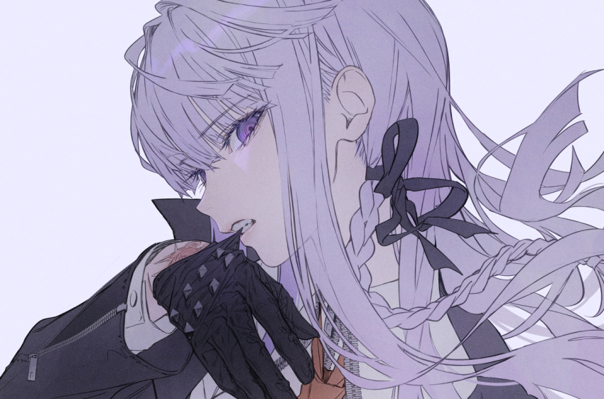 1girl, bangs, black_gloves, black_jacket, black_ribbon, braid, brown_necktie, collared_shirt