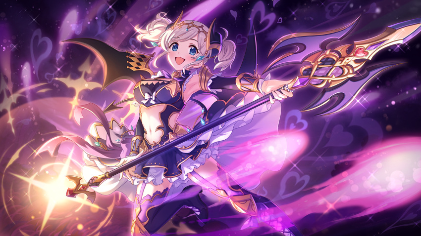 1girl, akari_(princess_connect!), blue_eyes, grey_hair, holding, holding_polearm, holding_weapon, horns