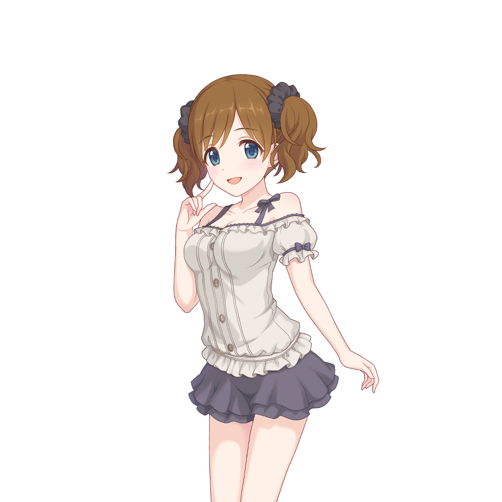 1girl, akari_(princess_connect!), black_skirt, brown_hair, grey_shirt, hair_tie, medium_hair, miniskirt, official_art, princess_connect!, shirt, skirt, tachi-e, transparent_background