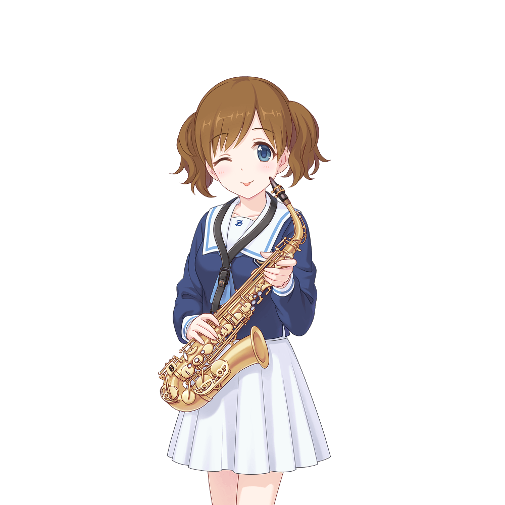 1girl, akari_(princess_connect!), blue_jacket, brown_hair, holding, holding_instrument, instrument, jacket