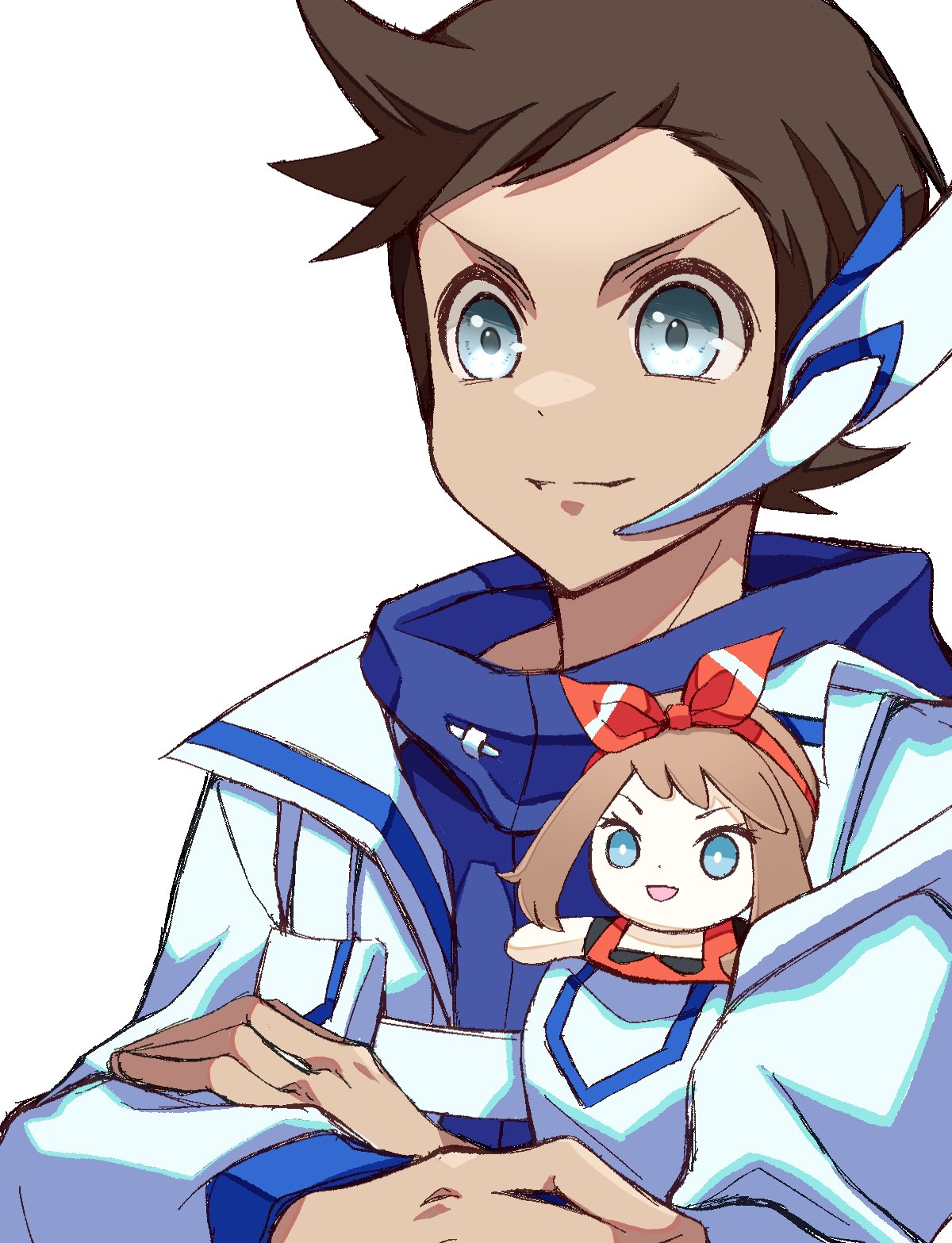 brendan_(pokemon), brendan_(sygna_suit)_(pokemon), brown_hair, character_doll, crossed_arms, earpiece, grey_eyes, highres