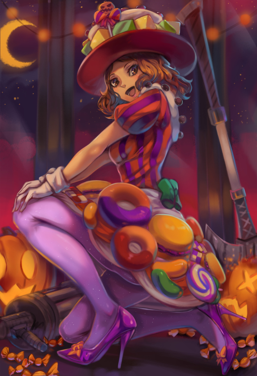 1girl, absurdres, axe, battle_axe, bow, brown_eyes, brown_hair, candy