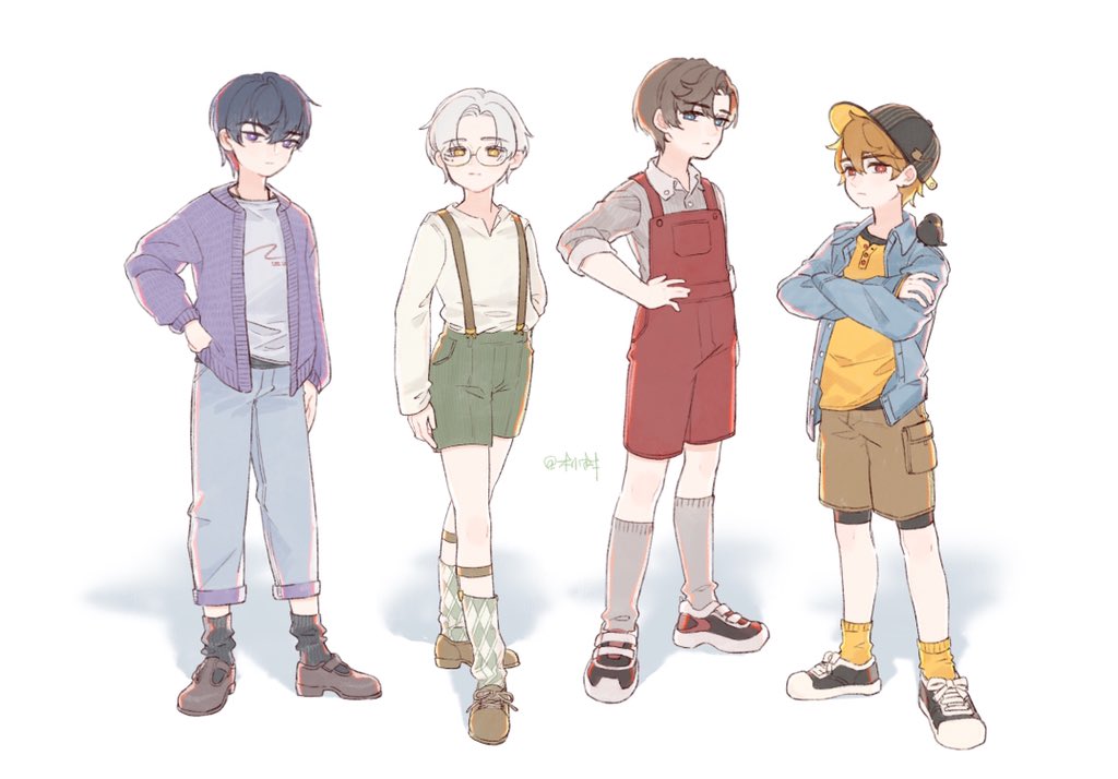 4boys, aged_down, argyle, argyle_legwear, artem_wing_(tears_of_themis), bangs, baseball_cap, black_footwear