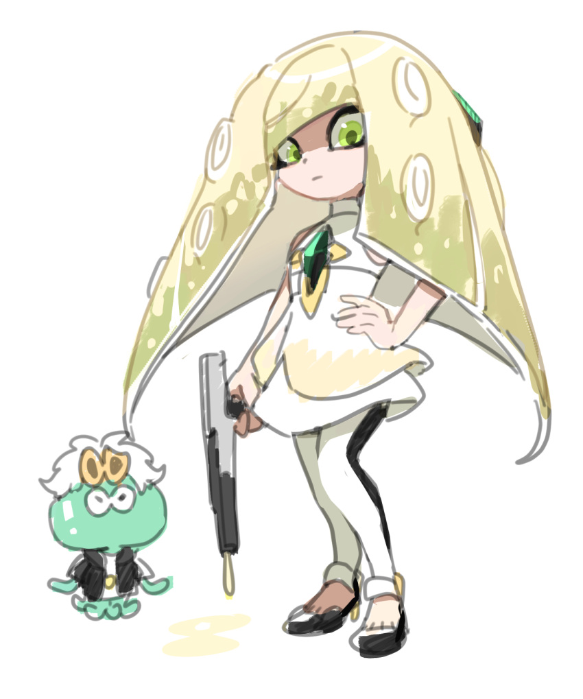 1girl, blonde_hair, dede_(qwea_00000), diamond_(shape), dress, gem, green_eyes, guzma_(pokemon)