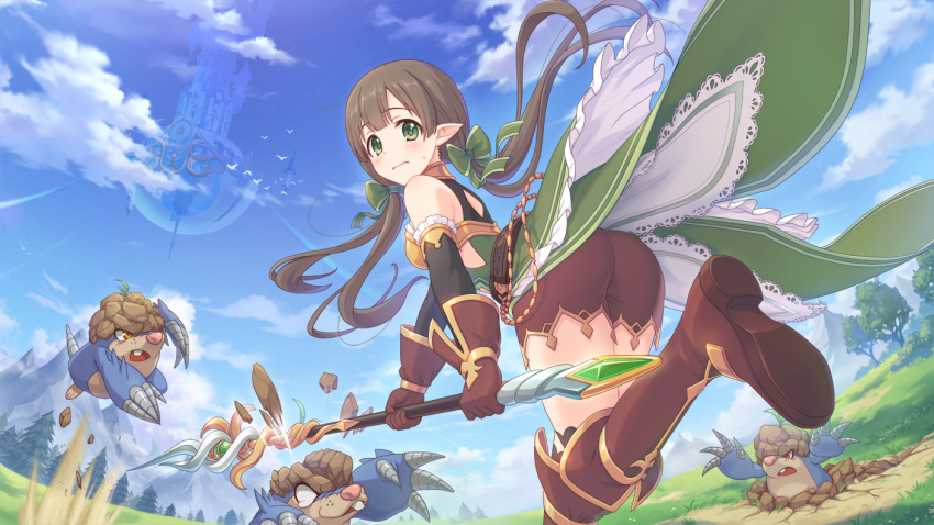 1girl, ayumi_(princess_connect!), blue_sky, boots, brown_hair, gloves, green_eyes, holding