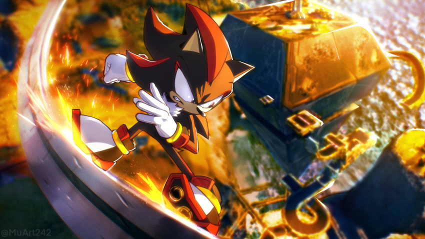 1boy, animal_nose, bracelet, gloves, highres, jewelry, male_focus, muart242, shadow_the_hedgehog, shoes, solo, sonic_(series), sonic_frontiers, sparks, white_gloves