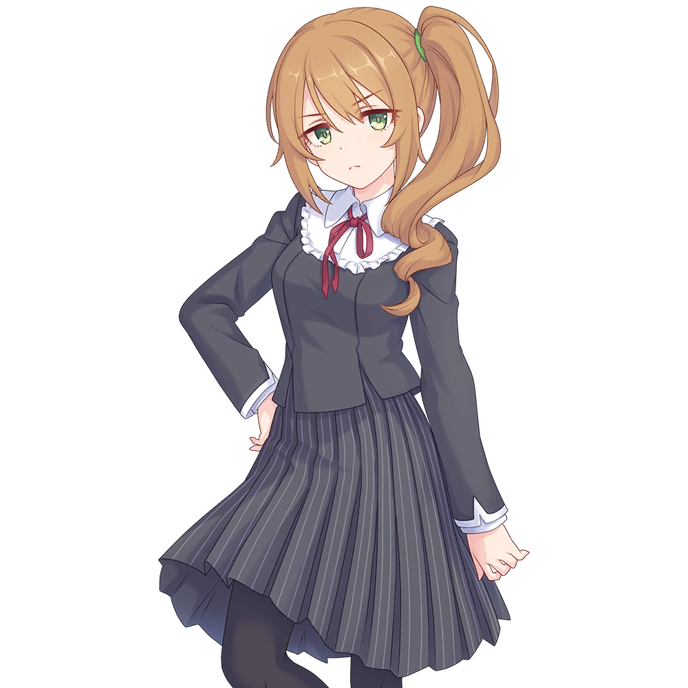 1girl, black_jacket, black_skirt, black_thighhighs, brown_hair, chloe_(princess_connect!), chloe_(real)_(princess_connect!), green_eyes, hand_on_hip, jacket, necktie, official_art, princess_connect!, red_necktie, school_uniform, single_tail, skirt, tachi-e, thigh-highs, transparent_background