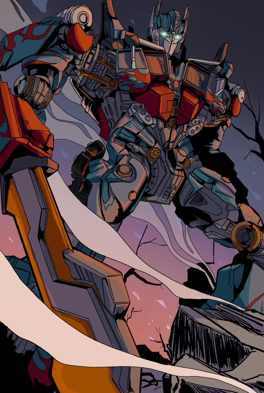 autobot, bare_tree, blue_eyes, from_below, glowing, glowing_eyes, highres, holding