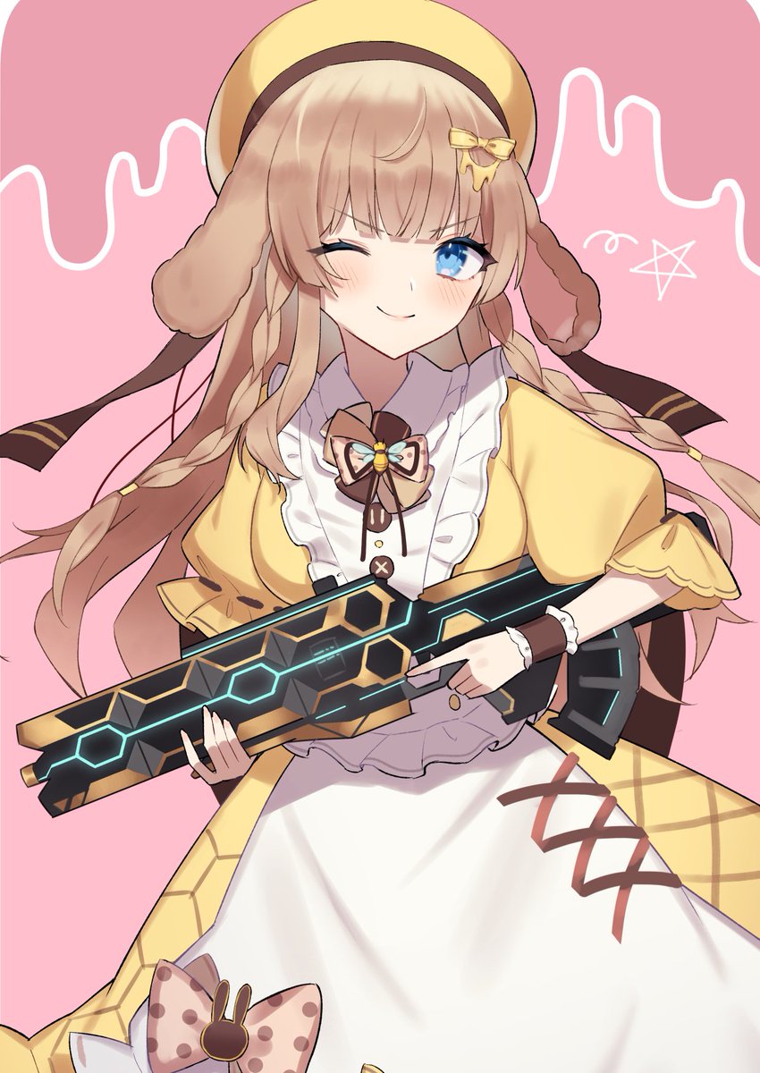 1girl, apex_legends, assault_rifle, beret, blue_eyes, bow, breasts, brown_bow
