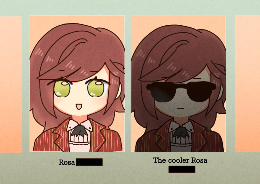 1girl, :d, brown_hair, character_name, closed_mouth, collared_shirt, green_eyes, jacket