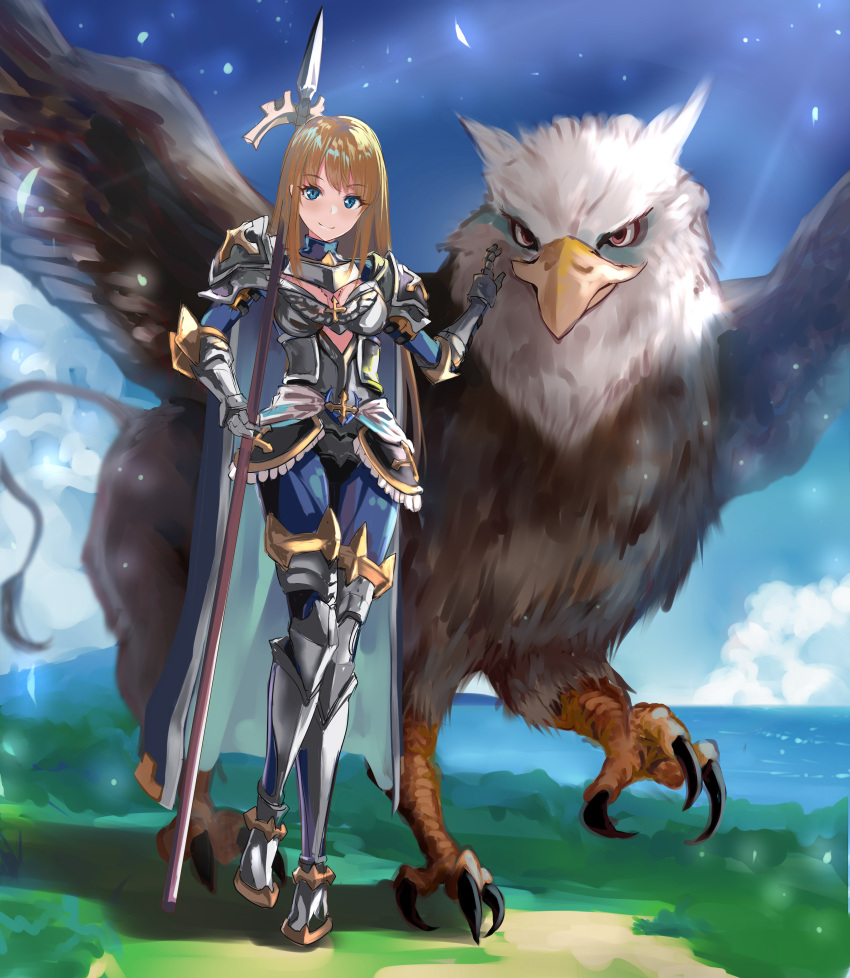 1girl, absurdres, armor, armored_boots, bangs, blonde_hair, blue_cape, blue_eyes