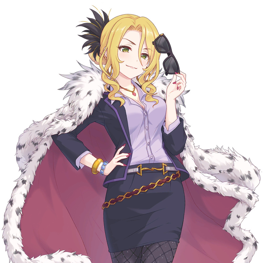 1girl, black_jacket, black_skirt, blonde_hair, christina_(princess_connect!), cloak, fishnet_pantyhose, fishnets