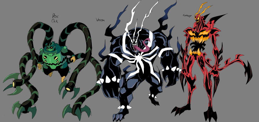 3boys, absurdres, bodysuit, carnage_(marvel), claws, cyberlord1109, doctor_octopus, formal, green_bodysuit, grey_background, highres, long_tongue, marvel, mask, mechanical_tentacles, monster_boy, multiple_boys, muscular, muscular_male, open_mouth, otto_octavius, redesign, sharp_teeth, slime_boy, spider-man_(series), suit, symbiote, teeth, tentacles, tongue, venom_(marvel), very_long_tongue