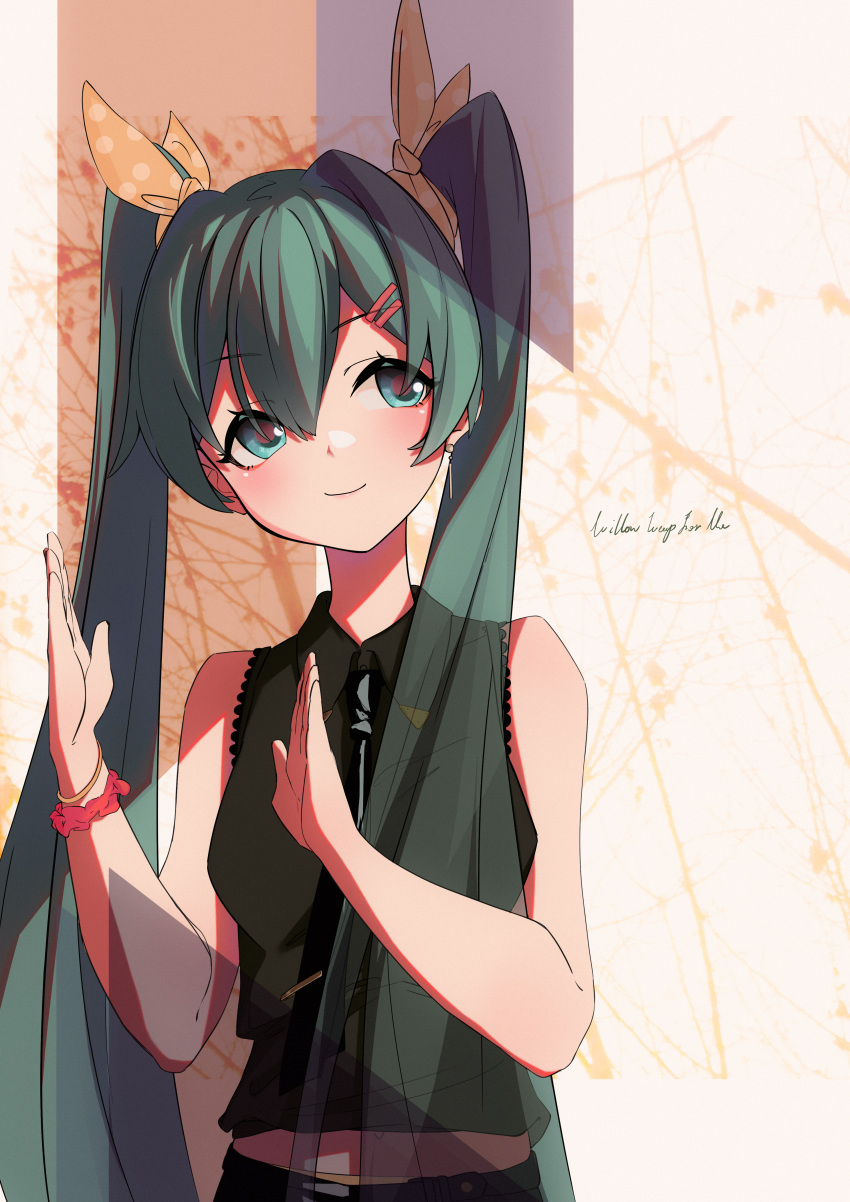 1girl, absurdres, bangs, blue_eyes, blue_hair, bracelet, closed_mouth, earrings, hair_between_eyes, hair_ornament, hair_ribbon, hairpin, hatsune_miku, hcii_(user_xpgx2238), highres, jewelry, long_hair, pants, ribbon, shirt, sleeveless, smile, solo, standing, twintails, vocaloid