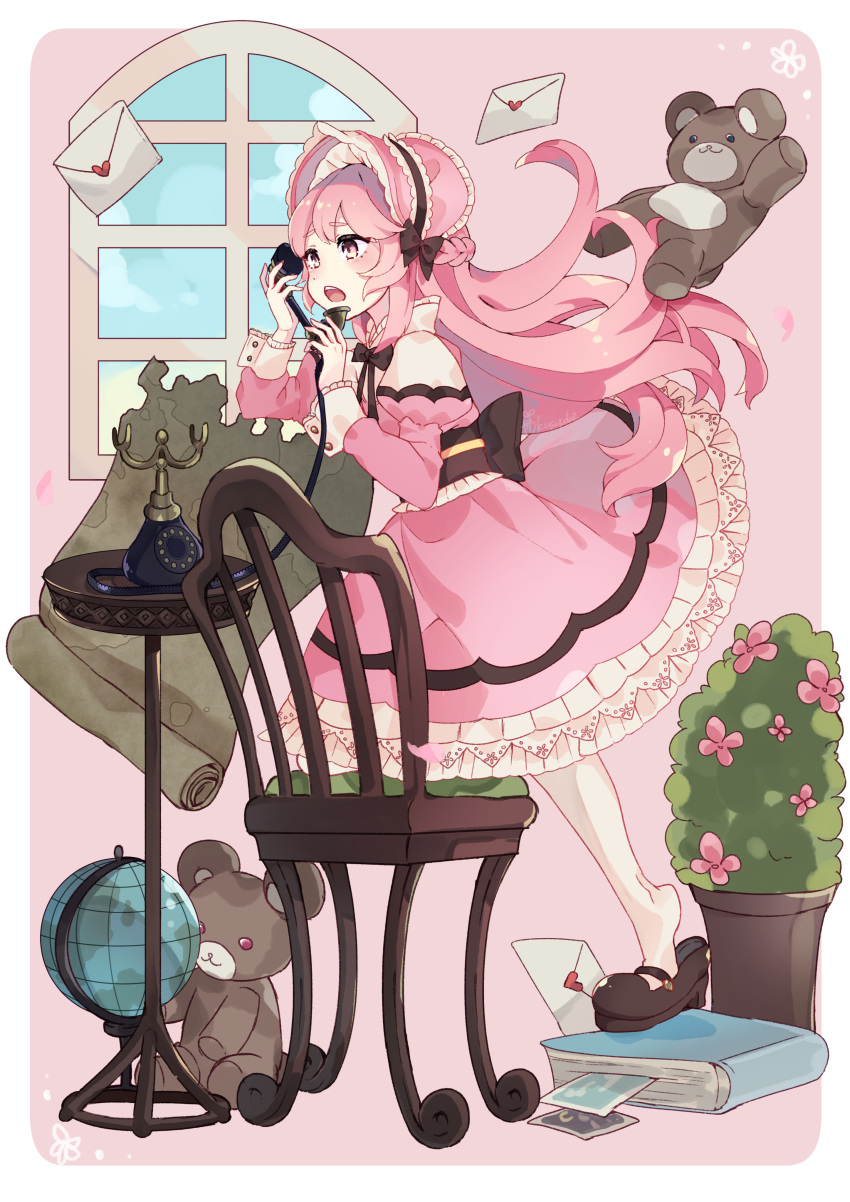 1girl, :o, absurdres, antique_telephone, back_bow, bangs, blush, bonnet, book, bow, bush, chair, cushion, envelope, flower, globe, heart, high_collar, highres, holding, holding_phone, juliet_sleeves, kusunokimizuha, lolita_fashion, long_hair, long_sleeves, neck_ribbon, on_book, open_mouth, original, phone, pink_eyes, pink_hair, plant, potted_plant, puffy_sleeves, ribbon, sash, scroll, sleeve_cuffs, solo, standing, standing_on_one_leg, stuffed_animal, stuffed_toy, table, teddy_bear, very_long_hair, window