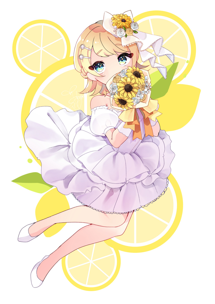 1girl, absurdres, bangs, blush, bouquet, covering_mouth, dress, flats