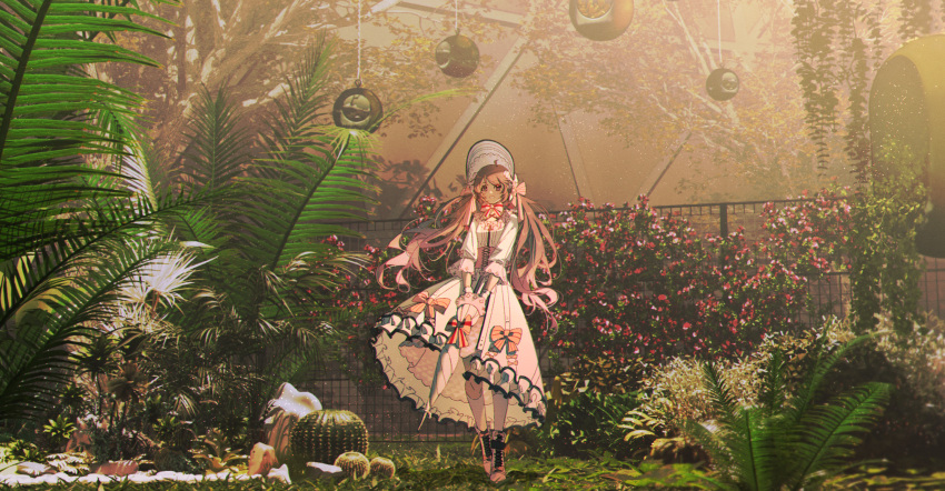 1girl, absurdres, ahoge, ambience_synesthesia, ankle_boots, arknights, bonnet, boots