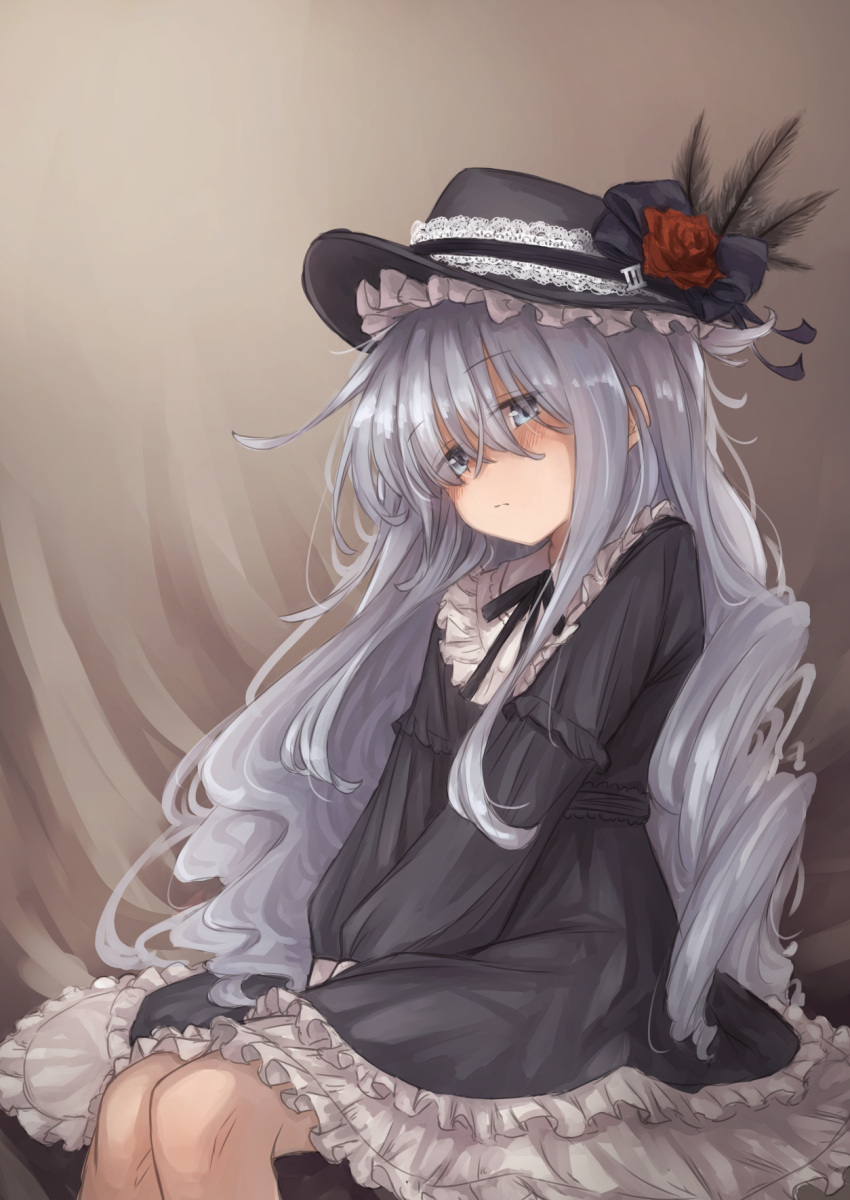 1girl, alternate_costume, black_dress, black_headwear, blue_eyes, blush, closed_mouth, dress