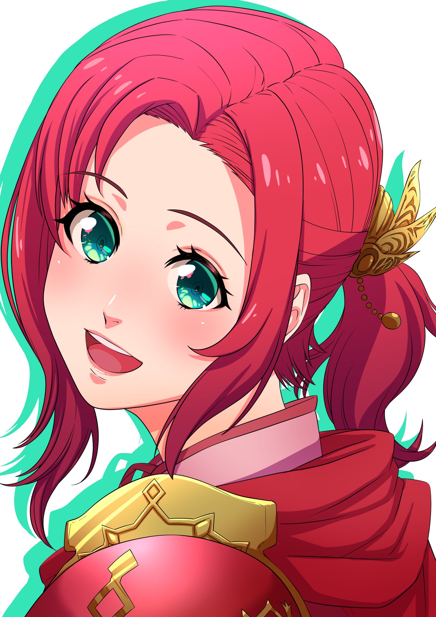 1girl, :d, aduti_momoyama, aqua_eyes, armor, asymmetrical_hair, drop_shadow, eyelashes