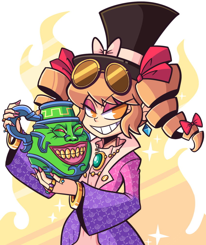 1girl, bangs, black_headwear, bow, bracelet, brown-tinted_eyewear, coat, commentary