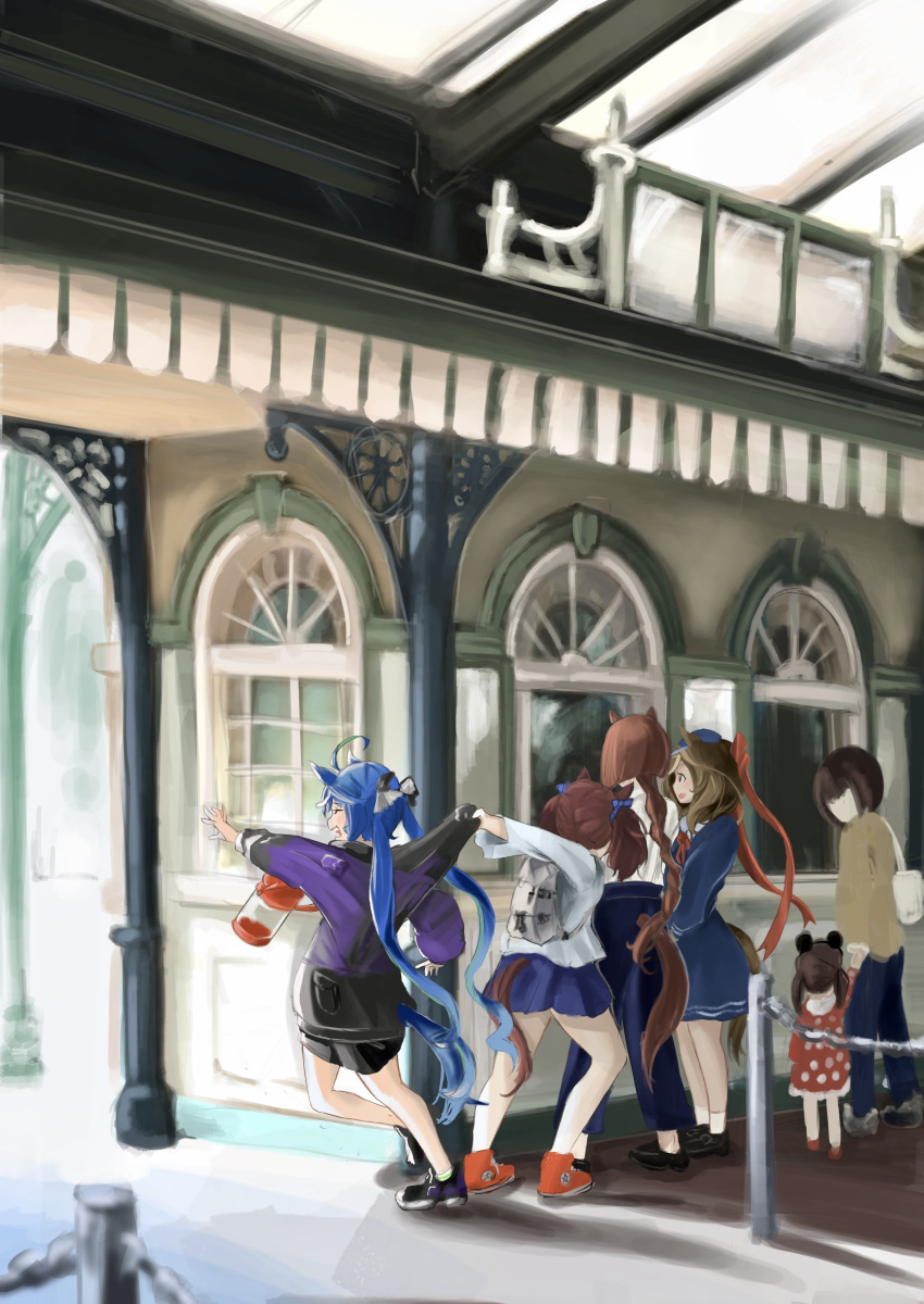 6+girls, absurdres, ahoge, animal_ears, bag, bangs, black_footwear, black_pants