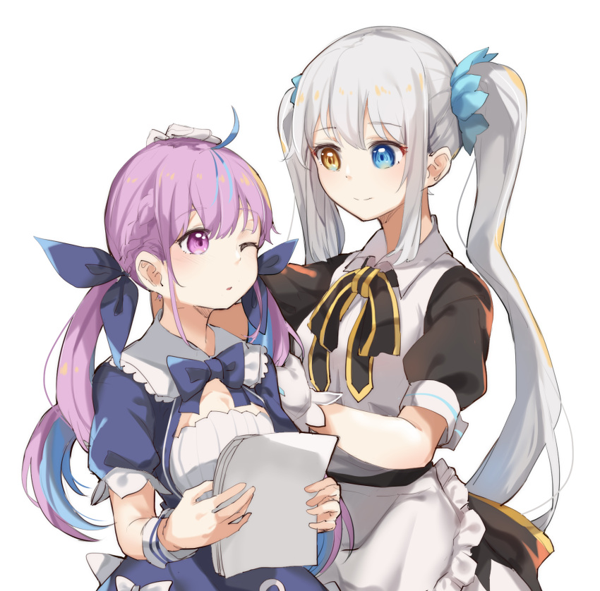 2girls, ahoge, apron, black_bow, black_dress, blue_bow, blue_dress, blue_eyes, blue_hair, blue_ribbon, bow, braid, brown_eyes, crossover, dress, frilled_apron, frills, gloves, grey_hair, hair_ribbon, hand_on_another's_head, heterochromia, highres, hololive, kagura_gumi, kagura_mea, long_hair, minato_aqua, multicolored_hair, multiple_girls, one_eye_closed, parted_lips, puffy_short_sleeves, puffy_sleeves, purple_hair, ribbon, short_sleeves, simple_background, twintails, two-tone_hair, very_long_hair, violet_eyes, virtual_youtuber, waist_apron, white_apron, white_background, white_gloves, xuu_shi_times