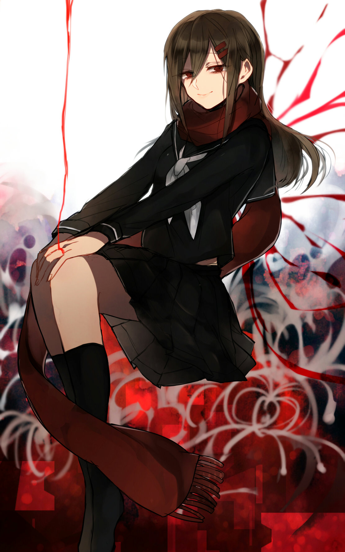 1girl, abstract_background, bangs, black_sailor_collar, black_serafuku, black_skirt, black_socks, brown_hair