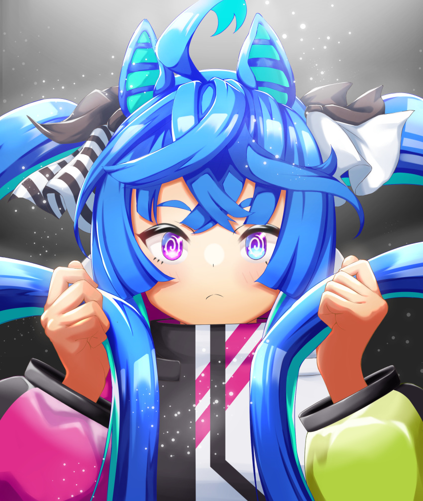 1girl, absurdres, ahoge, animal_ears, aqua_hair, black_ribbon, blue_eyes, blue_hair, closed_mouth, commentary, frown, hair_ribbon, heterochromia, highres, holding, holding_hair, horse_ears, horse_girl, light_particles, long_hair, long_sleeves, looking_at_viewer, mary_(194fight), multicolored_coat, multicolored_hair, ribbon, sidelocks, solo, twin_turbo_(umamusume), twintails, two-tone_hair, umamusume, upper_body, violet_eyes