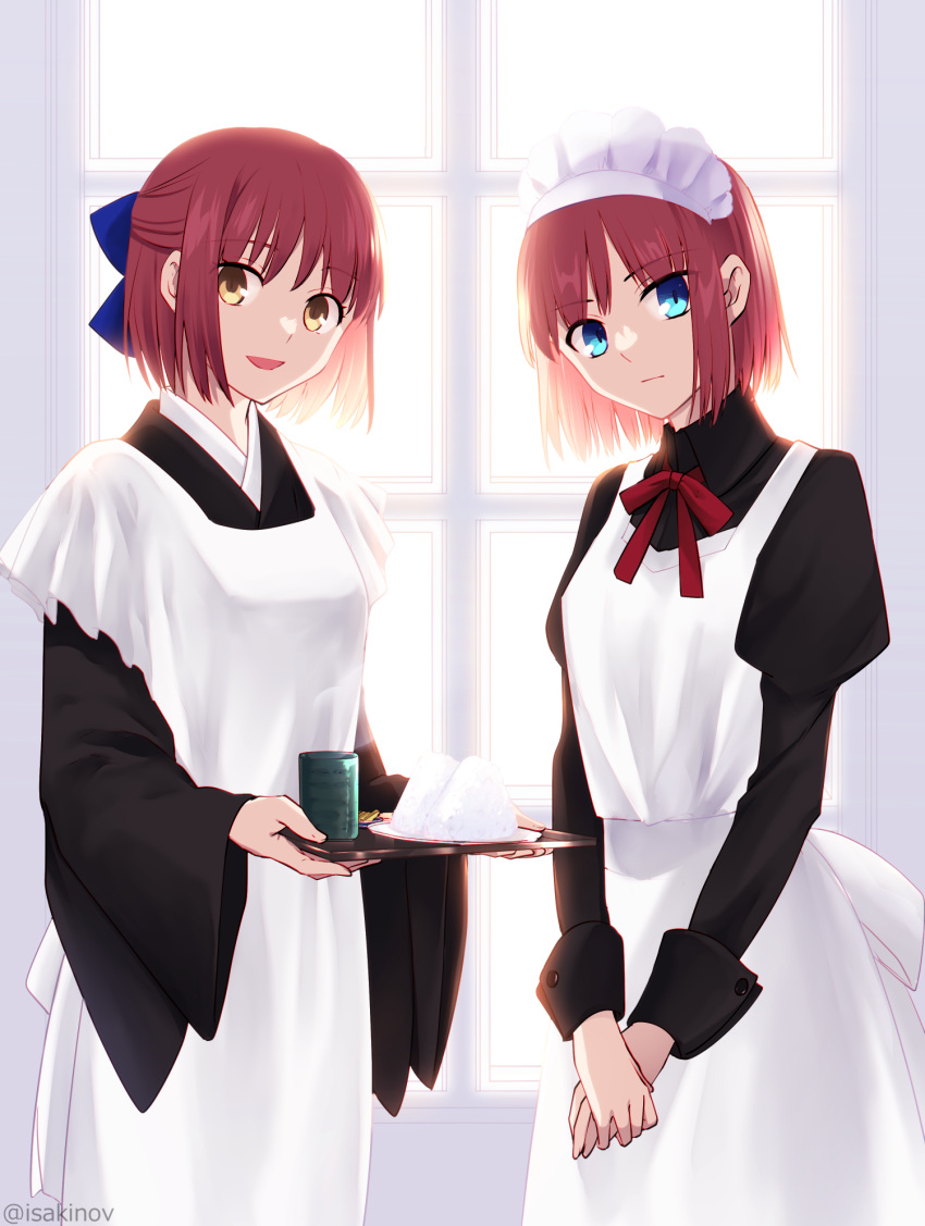 2girls, apron, blue_eyes, bow, bowtie, collared_shirt, commentary_request, cup, dress, food, hair_bow, half_updo, highres, hisui_(tsukihime), japanese_clothes, kimono, kohaku_(tsukihime), long_sleeves, looking_at_viewer, maid, maid_apron, maid_headdress, multiple_girls, onigiri, open_mouth, own_hands_together, puffy_long_sleeves, puffy_sleeves, redhead, shirt, short_hair, sleeve_cuffs, smile, sukiniyaru, tea, teacup, tray, tsukihime, twitter_username, wa_maid, white_apron, yellow_eyes