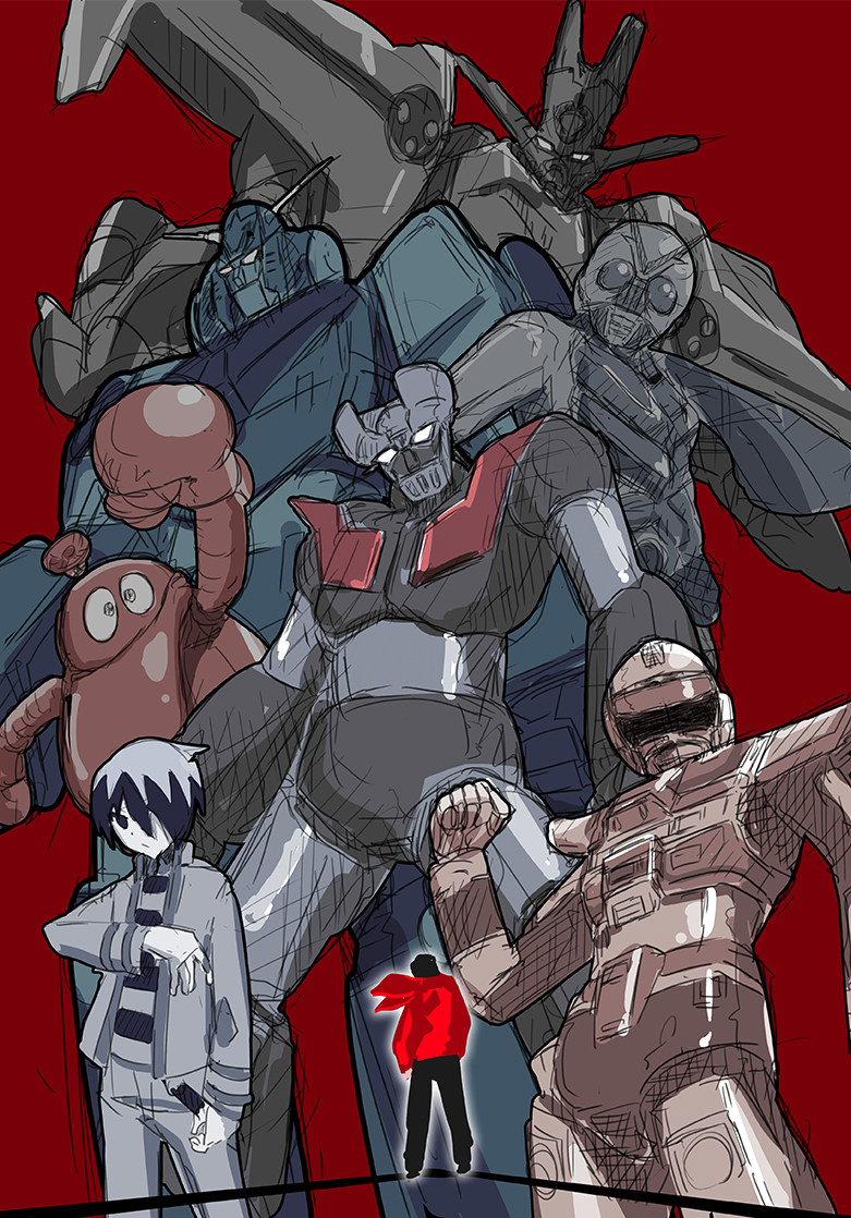 4boys, antennae, armor, bangs, black_hair, black_pants, choudenji_robo_combattler_v, combattler_v_(robot)