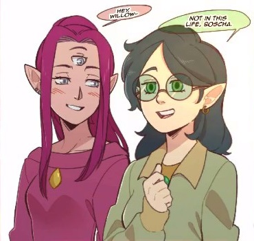 2girls, boscha_(the_owl_house), english_text, green_eyes, green_hair, looking_at_another, lowres, medium_hair