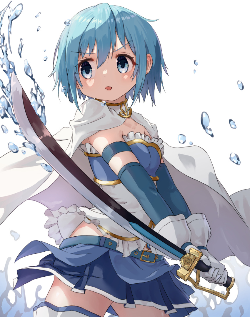 1girl, blue_eyes, blue_hair, blue_skirt, cape, commentary_request, elbow_gloves, frills, gloves, highres, holding, holding_sword, holding_weapon, looking_afar, magical_girl, mahou_shoujo_madoka_magica, miki_sayaka, open_mouth, puella_anko, simple_background, skirt, solo, sword, thigh-highs, water_drop, weapon, white_background, white_cape, white_gloves, white_thighhighs, zettai_ryouiki