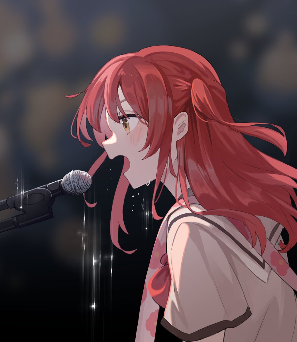 1girl, blurry, blurry_background, blush, bocchi_the_rock!, half_updo, kita_ikuyo, long_hair