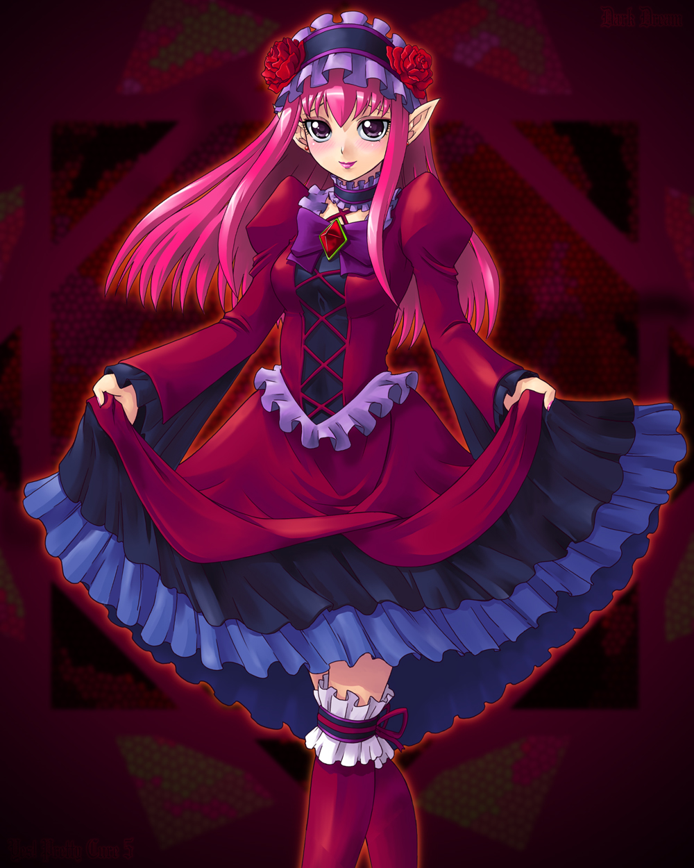 blush, choker, dress, elf, garter, gothic, highres, lace