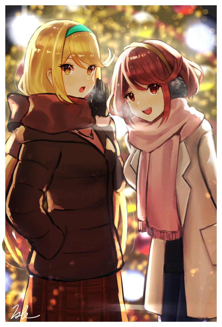 2girls, :d, bangs, black_gloves, black_shirt, blonde_hair, blue_hairband, blue_skirt