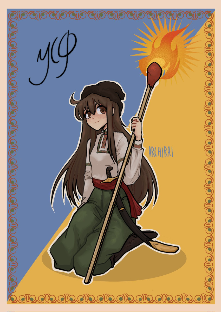 1girl, ahoge, archiraiii, black_headwear, blush, brown_eyes, brown_hair, genderswap