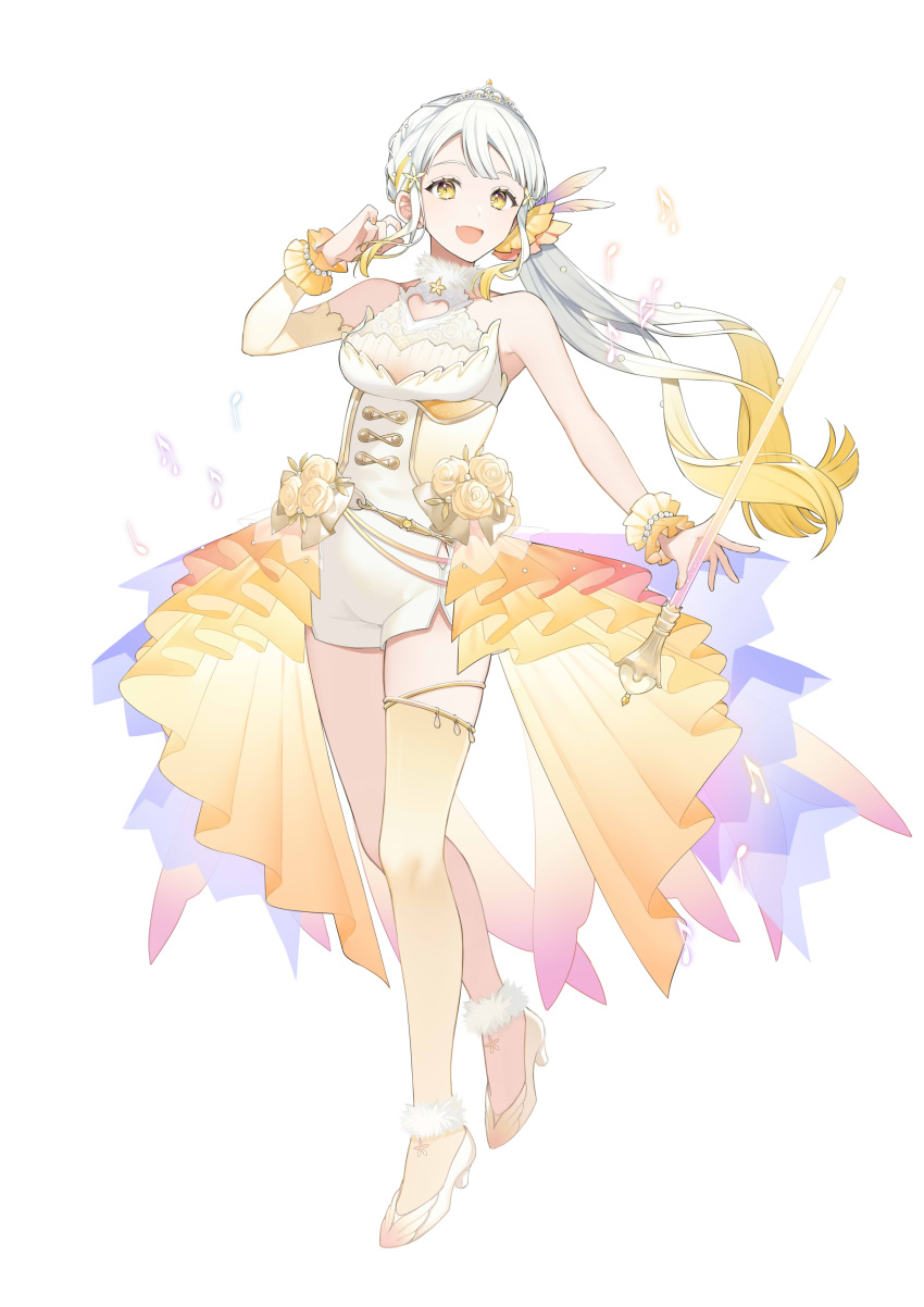 1girl, :d, absurdres, bare_shoulders, baton_(conducting), blonde_hair, breasts, copyright_request