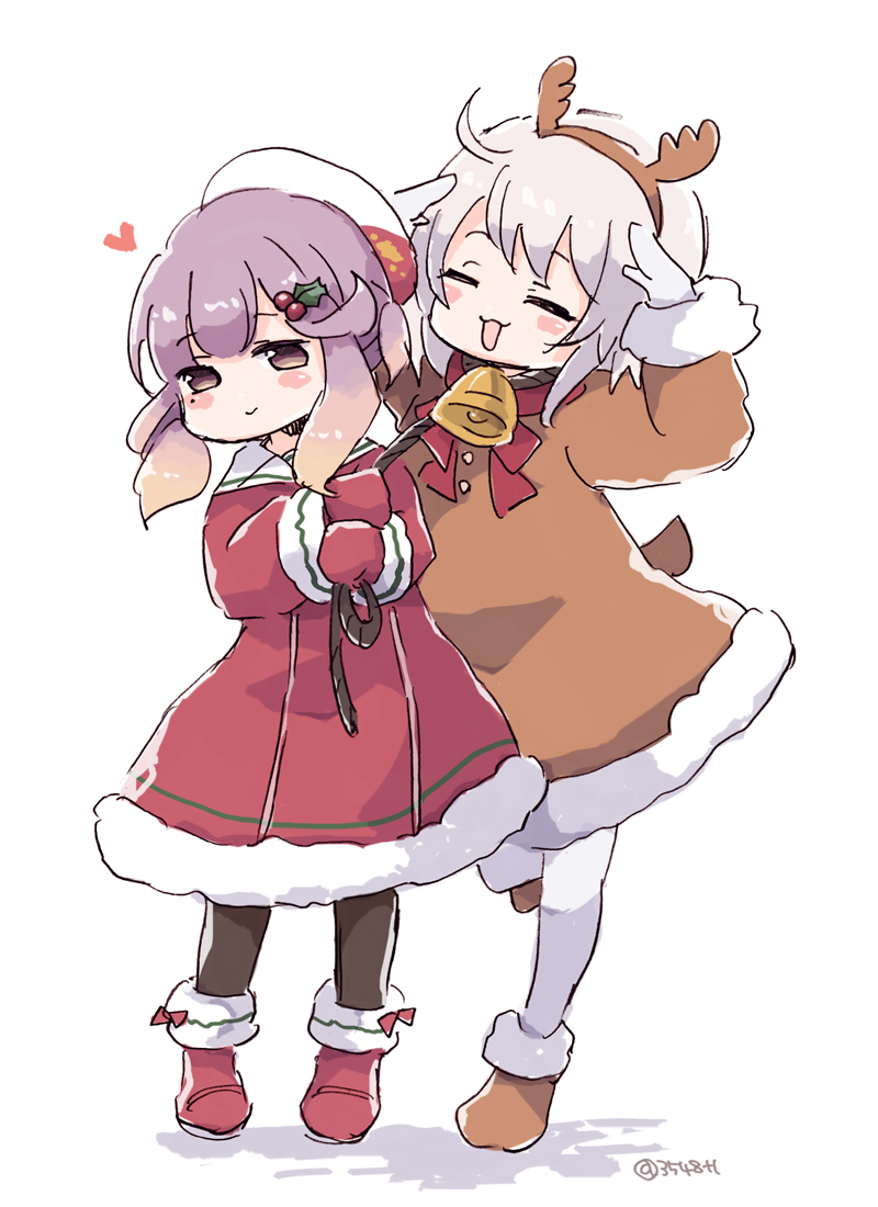 2girls, animal_costume, antlers, bell, black_thighhighs, blush_stickers, boots, brown_eyes