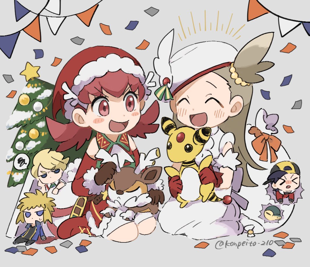 2girls, 3boys, :d, ^_^, ampharos, bare_shoulders, blush, boots