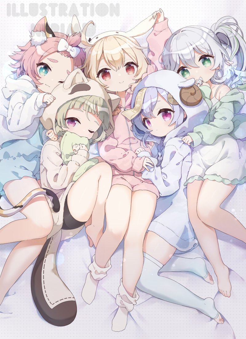 5girls, ;), animal_ear_fluff, animal_ears, animal_hood, arm_up, bangs, bare_shoulders