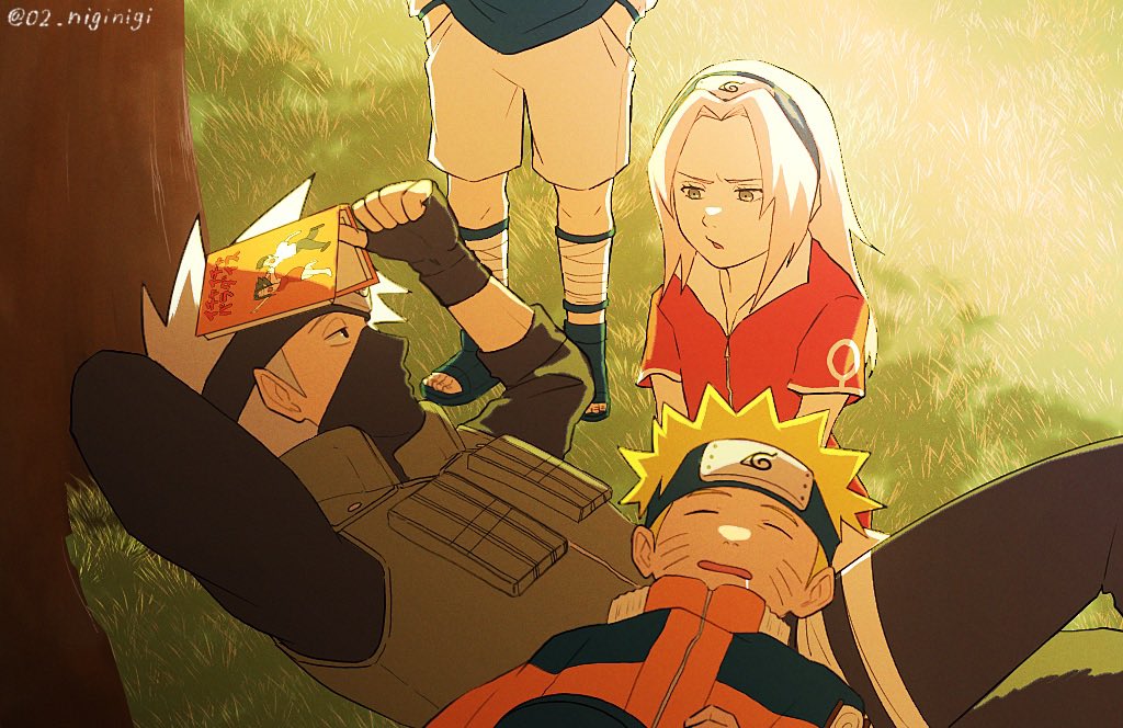 02_niginigi, 1girl, 3boys, arm_behind_head, arm_up, artist_name, bandaged_leg, bandages, black_eyes, black_gloves, black_pants, black_shirt, blonde_hair, blue_footwear, blue_hairband, blue_vest, book, brown_vest, closed_eyes, coat, dress, drooling, gloves, grass, green_eyes, grey_hair, grey_shirt, grey_shorts, hairband, half-closed_eyes, hands_in_pockets, hands_up, haruno_sakura, hatake_kakashi, headband, holding, holding_book, konohagakure_symbol, light, long_hair, long_sleeves, looking_at_another, lying, lying_on_person, mask, mouth_mask, multiple_boys, naruto, naruto_(series), on_back, open_book, open_mouth, orange_coat, outdoors, pants, pink_hair, pocket, pointy_hair, puffy_long_sleeves, puffy_sleeves, red_dress, rinnegan, sandals, seiza, shadow, shirt, short_hair, short_sleeves, shorts, sidelocks, sitting, sleeping, standing, sunlight, tree, uchiha_sasuke, uzumaki_naruto, v-shaped_eyebrows, vest, zipper