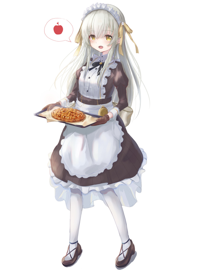 1girl, absurdres, apple, apple_pie, apron, assault_lily, back_bow, bangs