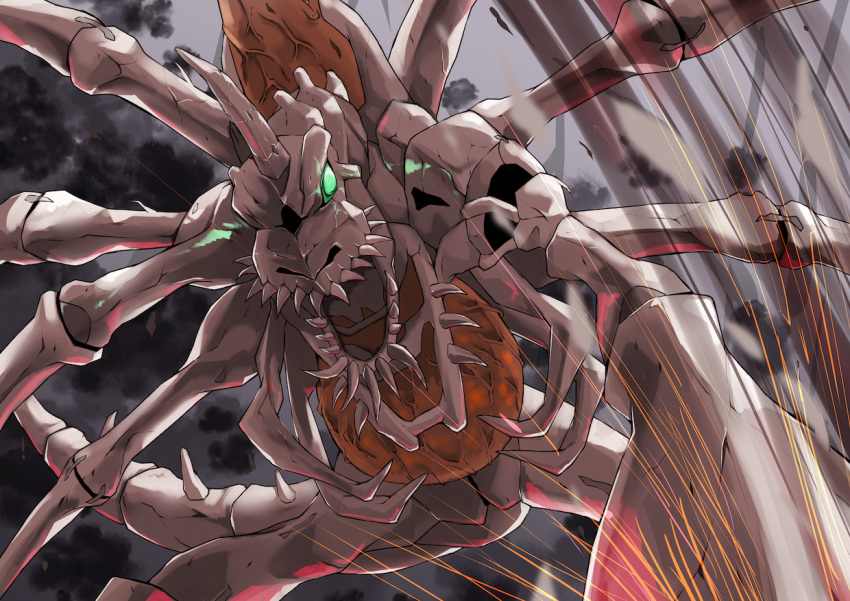 bone, commentary_request, crack, digimon, digimon_(creature), fangs, green_eyes, horns