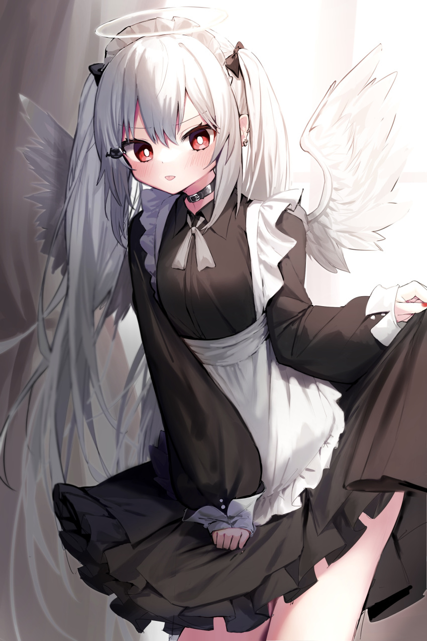 1girl, absurdres, angel, angel_wings, apron, bangs, black_bow, black_dress