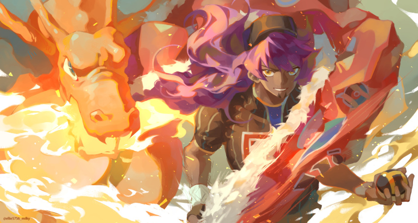 1boy, bangs, cape, champion_uniform, charizard, commentary_request, dark-skinned_male, dark_skin