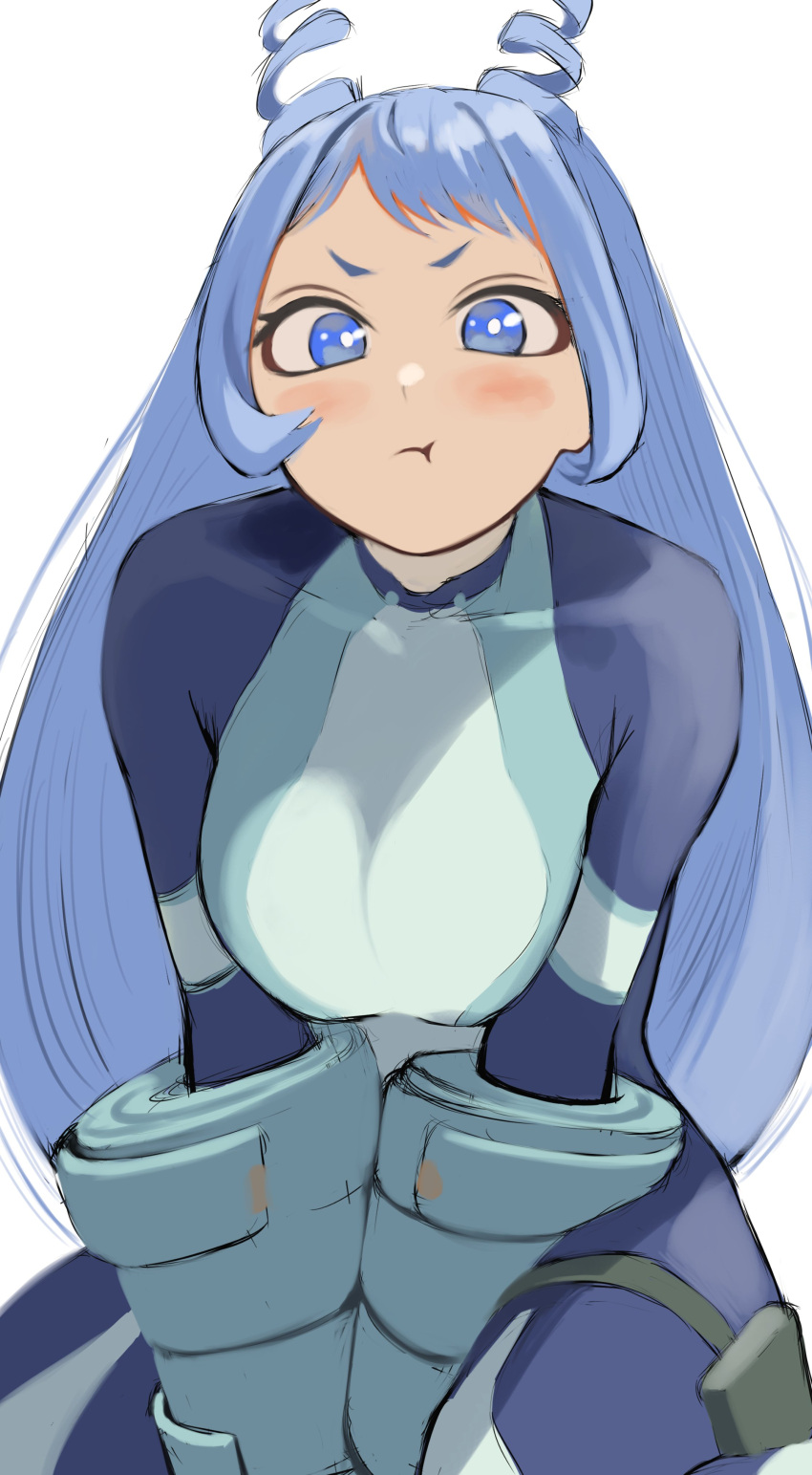 1girl, absurdres, angry, antenna_hair, blue_eyes, blue_hair, blush, boku_no_hero_academia, breast_squeeze, breasts, collarbone, fengling_(furin-jp), hadou_nejire, highres, large_breasts, long_hair, looking_at_viewer, pout, simple_background, skin_tight, solo, white_background