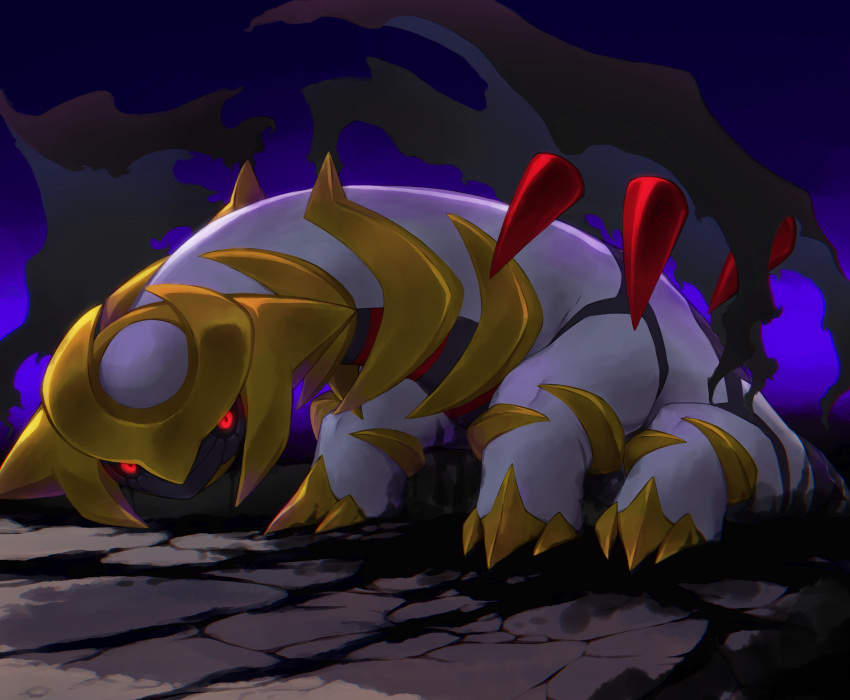 black_sclera, claws, climbing, colored_sclera, commentary_request, cracked_floor, giratina, giratina_(altered)