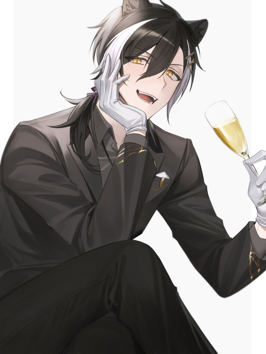 1boy, :d, absurdres, alcohol, animal_ears, black_hair, black_jacket, black_pants