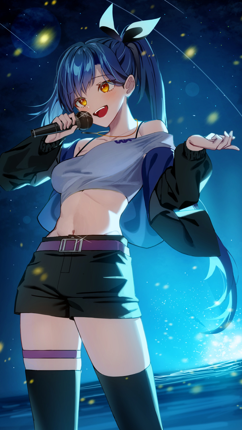 absurdres, bangs, bare_shoulders, black_bow, black_jacket, black_shorts, black_thighhighs, blue_hair